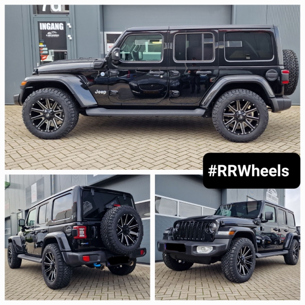 Jeep Wrangler 2023 uitgerust met 20 inch Fuel Offroad / FC615 Contra Gloss Black Milled face in 5x127 9J ET20 inclusief BF Goodrich All Terrian in 275 60 20 en hebben ook een Fox-uitlaatsysteem geinstalleerd!