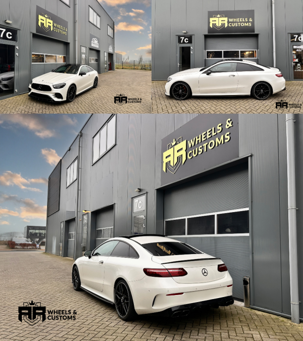 We hebben deze mooie Mercedes E-Klasse Coupe voorzien van nieuwe velgen.  20 inch 5x112 JF Luxury - AMG Design M933 Matt Black Machined Lip Maxxis 245/35/20