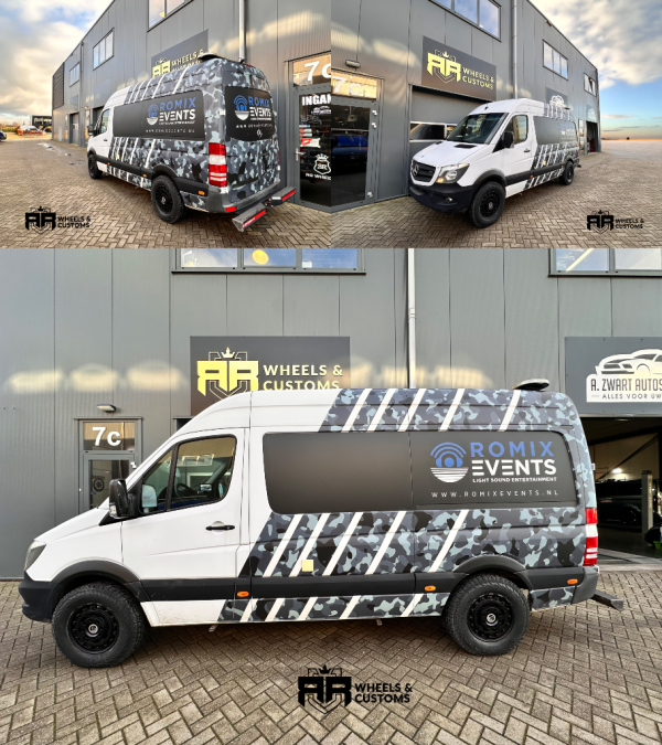 We hebben deze Mercedes Sprinter voorzien van nieuwe wielen WOLFRACE SLOTMAG 17 inch 6x130 8.5J ET 35 Matt Black Met nieuwe banden Kumho Road Venture AT52 in 265/70/17