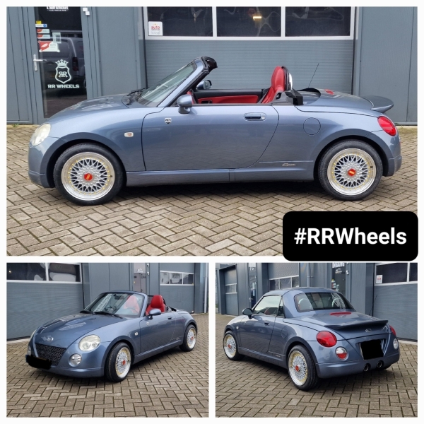 Deze vrij unieke wagen genaamd: Daihatsu Copen hebben wij voorzien van nieuwe 15 inch JF Luxury velgen REW032 in 15 inch 6.5J ET30 4x100 inclusief Nankang banden in 165 50 15! Geweldige velgen voor deze unieke auto!