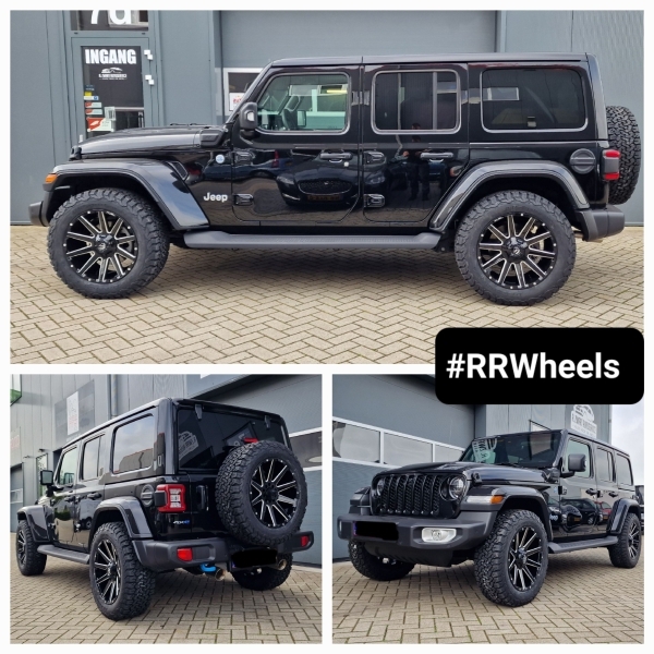  We hebben deze nieuwe Jeep Wrangler 2023 uitgerust met 20 inch Fuel Offroad-wielen / FC615 Contra Gloss Black Milled face in 5x127 9J ET20 inclusief BF Goodirch All Terrian in 275 60 20 en hebben ook een Fox-uitlaatsysteem toegevoegd!