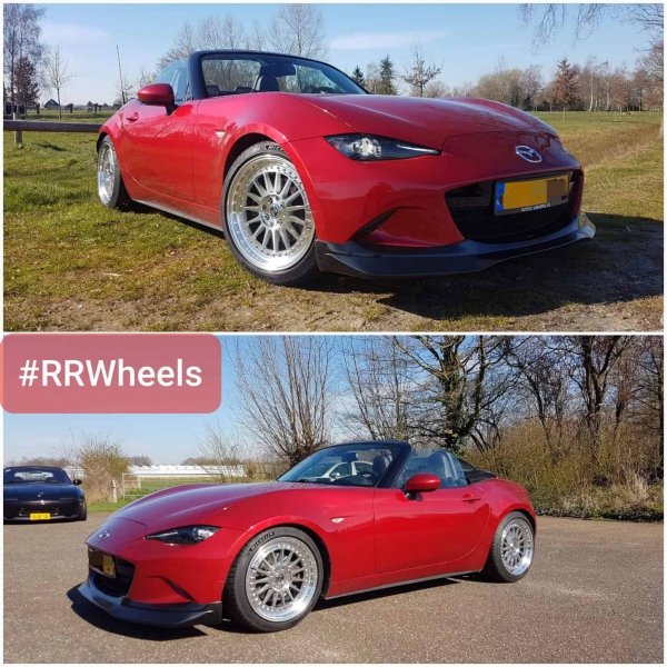 Mazda MX5 voorzien van 17 inch JF Luxury Refind spokes TS225 4x100 8J Rondom.