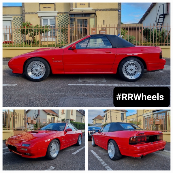 Weer een hele bijzondere! Een Mazda RX7 Turbo uitgerust met verspringende wielen van Japan Racing JR9 in 7.5J ET35 en 8.5J ET25. Geweldige fitment!