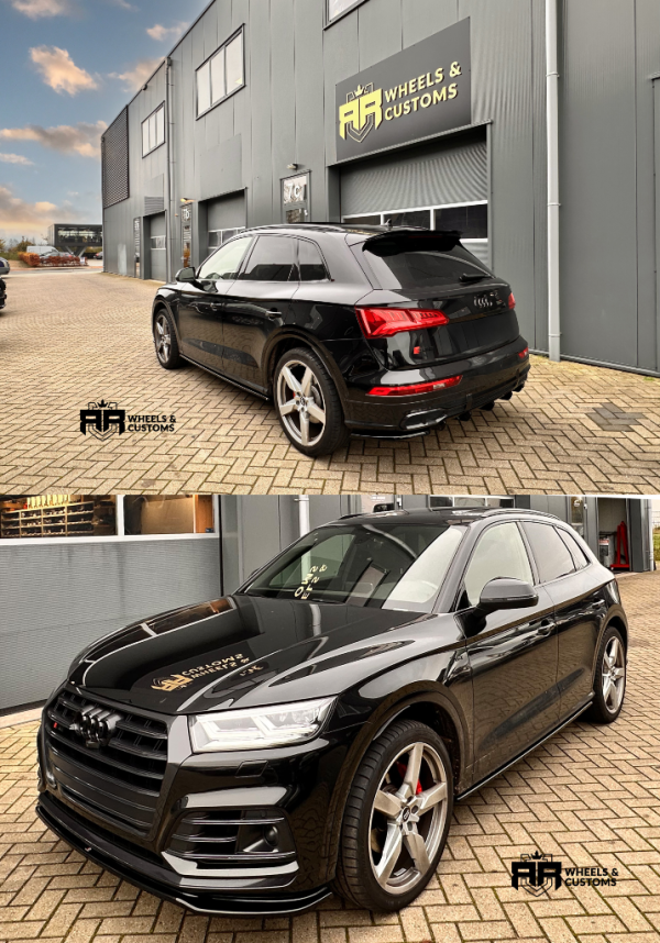 Wij hebben deze dikke Audi SQ5 voorzien van een complete Maxton Design kit,geleverd in Gloss Black Spoiler Cap Audi SQ5 Mk1 8R FRONT SPLITTER Audi SQ5/Q5 S-line MkII / Bumper Lip Side Skirts Gloss Black Audi SQ5 FY (FYB) Sportback Vanaf Bj.: 2020- REAR VALANCE Audi SQ5/Q5 S-line MkII / Diffuser REAR SIDE SPLITTERS Audi SQ5/S-line MkII  / Bumper Flaps