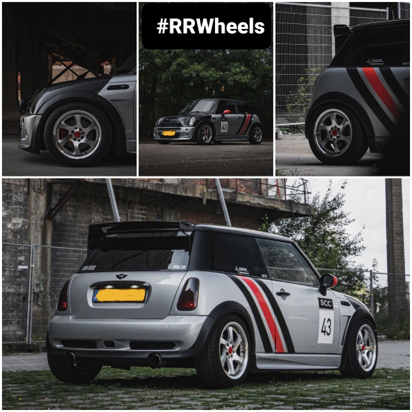 Deze Mini Cooper voorzien van 16 inch 4x100 / 4x114,3 7.5J ET35 velgen van JF Luxury WX - Silver Machined Gold Rivets.