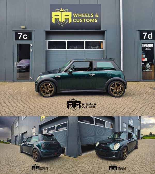 Mini Cooper met nieuwe 17 inch JR3 velgen 4x100 7J ET40 inclusief 205 45 17 inch Hankook EVO 3 XLbanden.