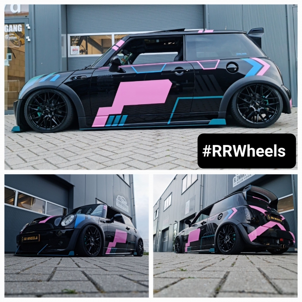 Deze op Airride verlaagde Mini Cooper is voorzien van 17 inch 4x100 velgen van Japan Racing type JR28 in 7J ET45 inclusief Hankook banden in 195 45 17!