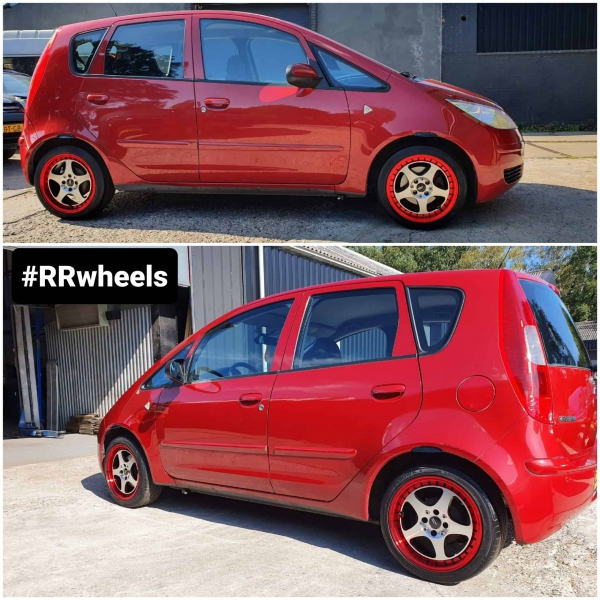Mitsubishi Colt CZ5 met nieuwe 16 inch JF Luxury velgen met hoogglans rode cuprand in 7J ET37 rondom.