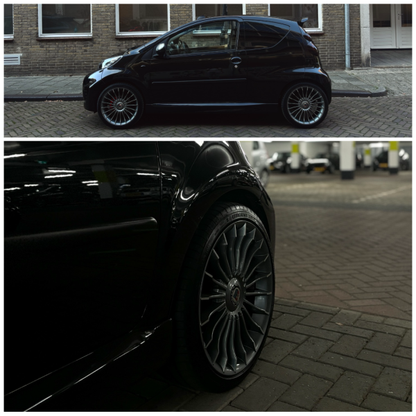 Peugeot 107 voorzien van 17 inch 4x100 / 4x114.3 7J ET30 JF Luxury - Alpina Gun Metal 