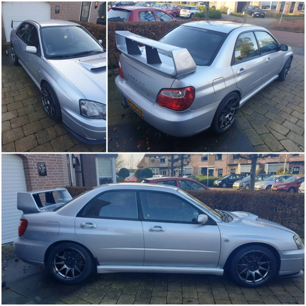 Subaru WRX voorzien van 18 inch 5Ã—100 8.5J ET35 rondom JR11 japan racing velgen inclusief nieuwe 4 seizoen banden.