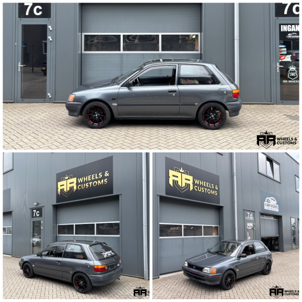 Toyota Starlet 1991 voorzien van 79Wheels SCF-F 15 inch 4x1004x114.3 7J ET35 67.1 500kg BGRIL met 195 45 15 Toyo banden