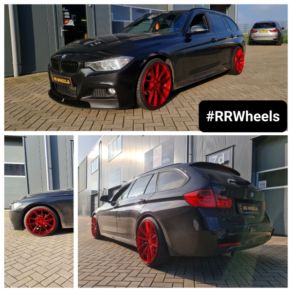 BMW 3 serie F31 uitgerust met 20 inch breedset van IWP Custom W512 - Candy Red Chrome Rivets - 5x120 8.5J/9.5J ET35 inclusief Hankook Evo3 in 225 30 20 en 225 35 20! Wat een mooie kleurencombinatie!