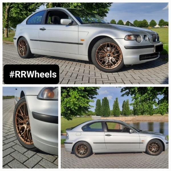 BMW E46 Compact uitgerust met nieuwe 17 inch Japan Racing in Platinum Bronze in 5x120 8J ET38 inclusief hankook Evo Tyres in 225 45 17. Geweldig resultaat en geweldige kleurencombinatie!