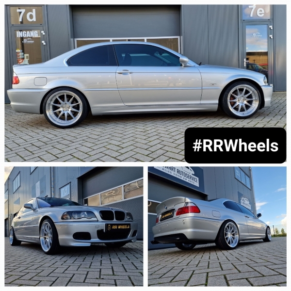 BMW E46 CoupÃ© voorzien van een 18 en 19 inch breedset van Japan Racing Model JR41 in 18 inch 8.5J ET35 en 19 inch 9.5J ET22 inclusief 225 35 18 en 255 30 19! Geweldige deepdish velgen en perfecte fitment!