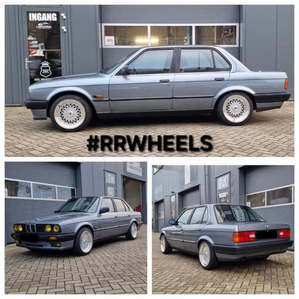 BMW E30 Sedan voorzien van een nieuwe set velgen van Japan Racing type JR9 Silver Machined in 7.5J ET 25 rondom inclusief 205 45 16 Nexen banden.