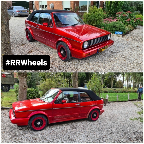 Volkswagen Golf 1 Cabrio voorzien van MS Motor sport velgen met een hoogglans rode cuprand. Perfecte match! 16 inch 4x100 7J ET35 rondom.