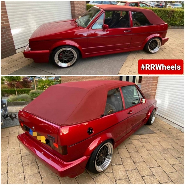 Volkswagen Golf 1 Cabrio met een 16 inch breedset van Japan Racing. 16 inch JR23 8J ET30 en 9J ET20 met nieuwe Nankang banden in 195 45 16.