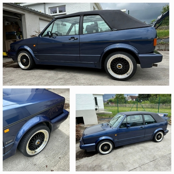 Volkswagen Golf 1 Cabrio met een 16 inch velgenvan JF Luxury REW032 in 16 inch 7J ET30 Zwart Gepolijst inclusief nieuwe Hankook Evo Banden in de maat 195 40 16!