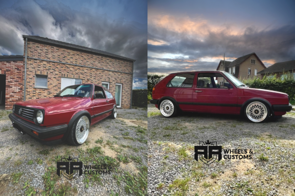 Wij hebben deze Volkswagen Golf 2 voorzien van een mooie set 17 inch 4x100 / 5x100 YKW Wheels Y7209 ET 30 8J