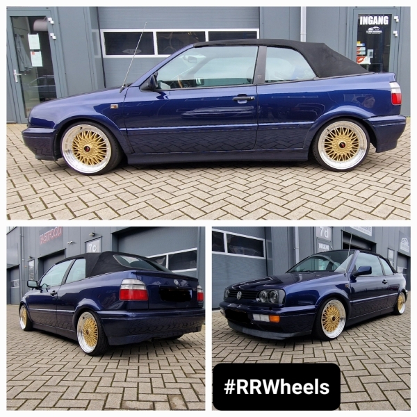  Volkswagen Golf 3 Cabrio met 17 inch velgen van Japan Racing, type JR9 Gold met Polished lip in 7.5J ET35 inclusief 185 35 17 Nankang Banden