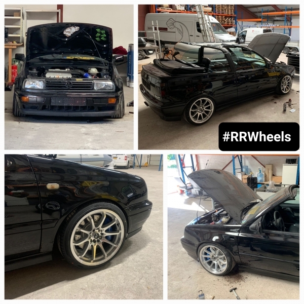 We hebben deze Volkswagen Golf 3 Cabrio VR6 voorzien van nieuwe 17 inch JNC Wheels JNC006 in 17 inch 5x100 9J ET30 Silver Machined Face inclusief grote remset en nieuwe banden in 215 40 17! Geweldige maximale pasvorm voor dit beest!