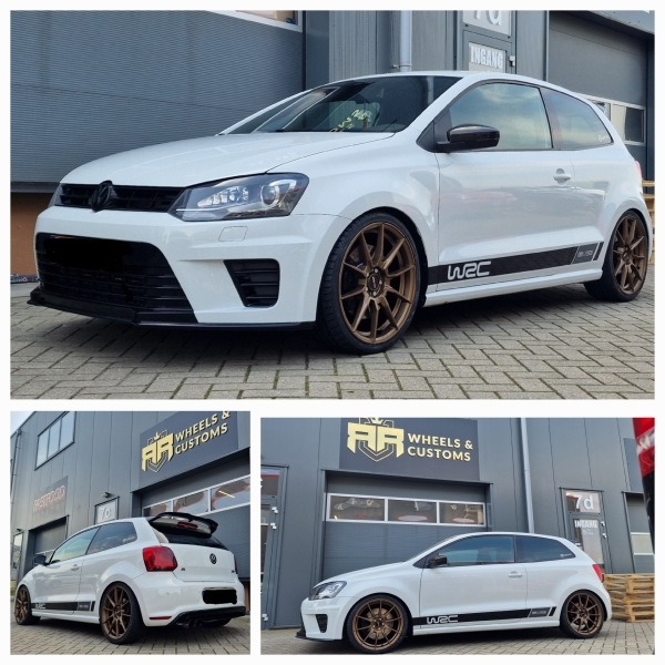 Deze Volkswagen Polo MK5 WRC hebben wij voorzien van nieuwe 18 inch Motec Ultralight Mat Brons in 18 inch 5x100 ET40 en de naaf geboord naar 57.1!