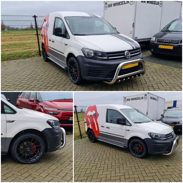 VW Caddy voorzien van 18 inch Breyton Race GTS-R velgen inclusief Falken All Season banden. Tevens de remklauwen rood gemaakt bullbar en sidesteps gemonteerd.