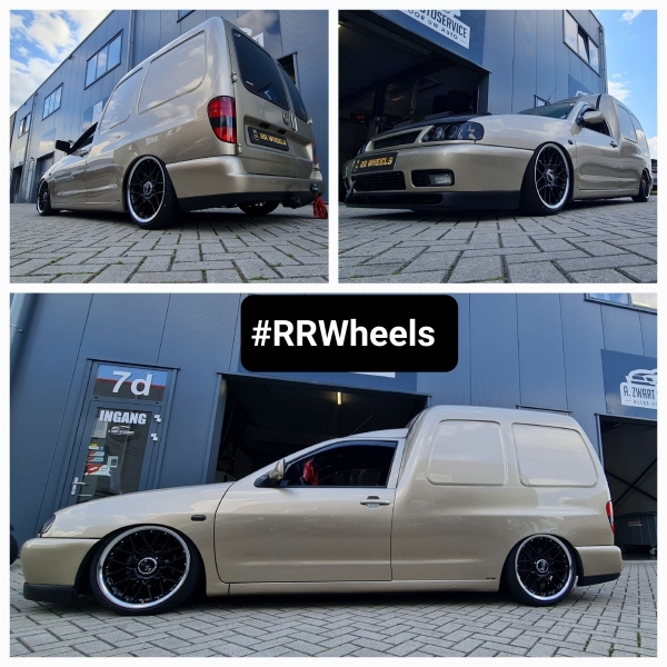 Deze VW Caddy Mk2 voorzien van 17 inch HSR Wheels RYS Club Black Machined Lip in 4x100 7.5J ET35 rondom inclusief 195 40 17 banden! 