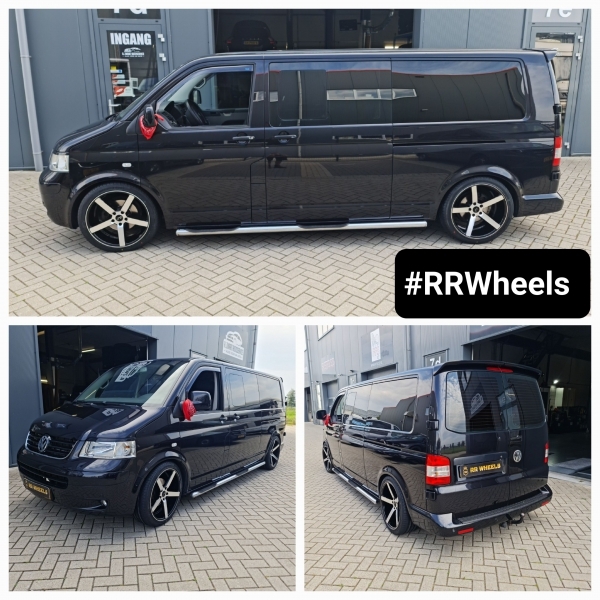 Volkswagen T5 uitgerust met een 20 inch JNC026 breedset in 8.5J ET35 met 9.5J inclusief nieuwe Milestone banden in 245 40 20 en 275 35 20. Schitterende velgen voor deze bus en deep concave.