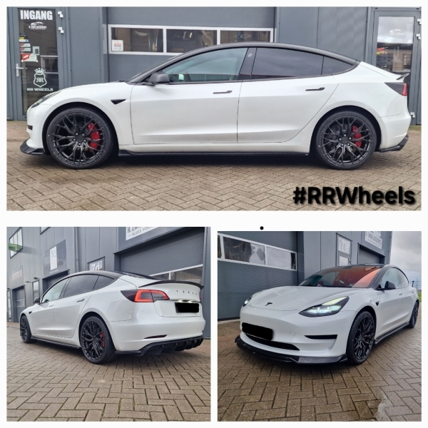 Tesla Model 3 met nieuwe Concaver CVR1 velgen in 20 inch 9J ET35 Carbon Graphite inclusief Bridgestone Potenza banden in 245 35 20! We hebben ook een volledige Maxton Design-kit gemonteerd aan deze unieke Tesla!