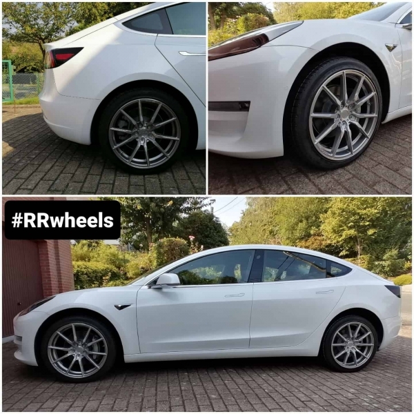 Tesla Model 3 met nieuwe Concaver CVR4 Brushed Titanium inclusief Hankook banden. Maatvoering 19 inch 8.5J ET40 rondom met TPMS.